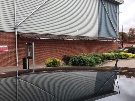 Plenty of spaces with 2m-distancing Covid rule in any long queuing safely under the 12M Canofix door canopy.