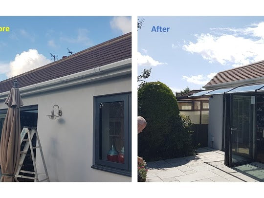 Before and After, the Canofix door canopy for the Garden French door